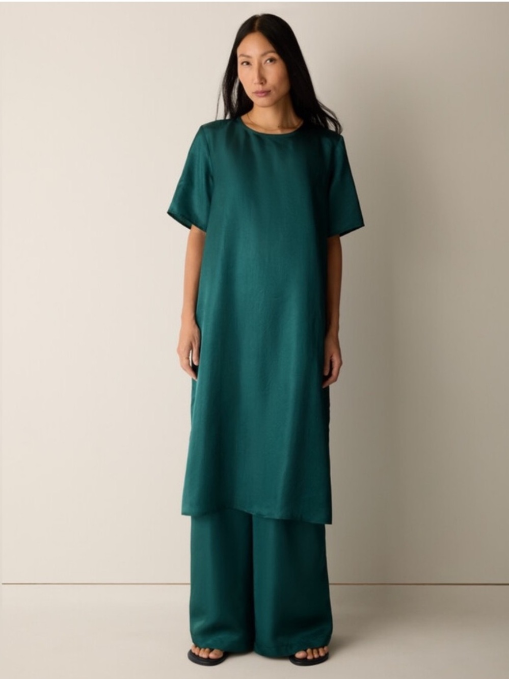 Eileen Fisher Lightweight Satin Shimmer Tee Dress KELP